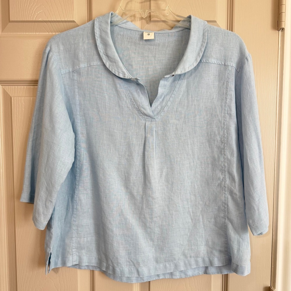 Lintico Blouse Women Medium Light Blue Linen V-Neck 3/4 Sleeve Coastal Casual